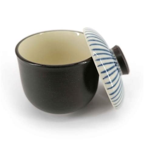 Japanese Black Tea Cup With Lid In Ceramic Tokusa Blue Lines