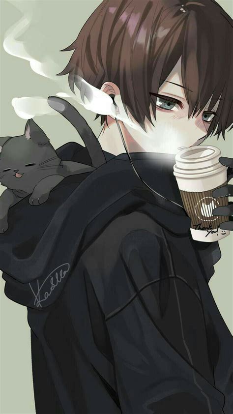 An Anime Character Holding A Coffee Cup With A Cat On His Back