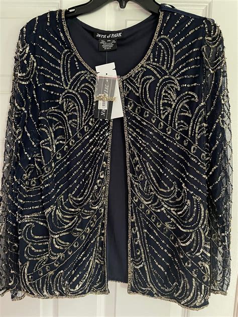 159 28th And Park Womens Dressy Beaded Jacket Dark Blue Ebay