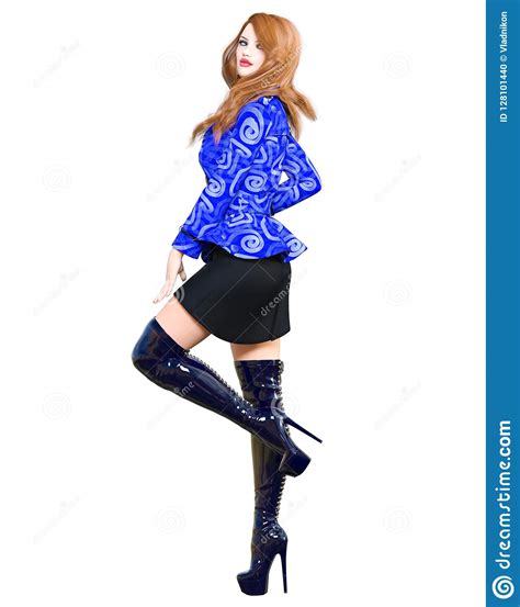 3d Beautiful Redhead Woman Short Windbreaker Outfit Skirt Long Boots Stock Illustration