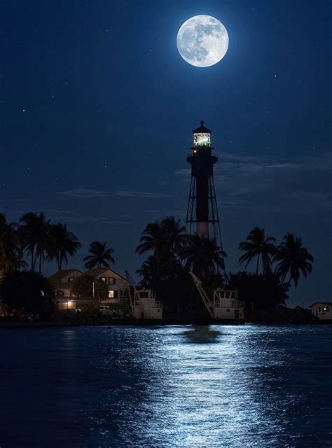 Full Moon Over Hillsboro Lighthouse In Pompano Beach Florida By