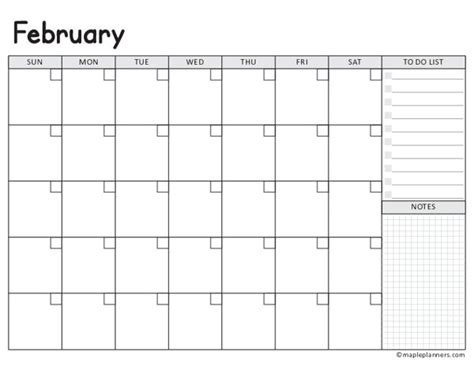 Undated Blank February Calendar Template