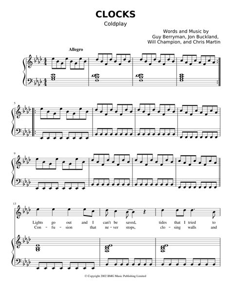 Clocks Coldplay Sheet Music For Piano Vocals Piano Voice