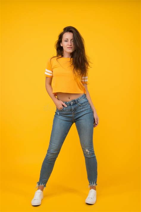 Girl Yellow Background Sexi Girl Sensual Girl In Casual Style Beauty