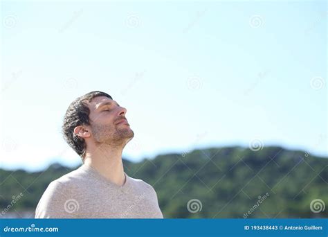 Man Breathing Outdoors Fresh Air In The Mountains Stock Image Image