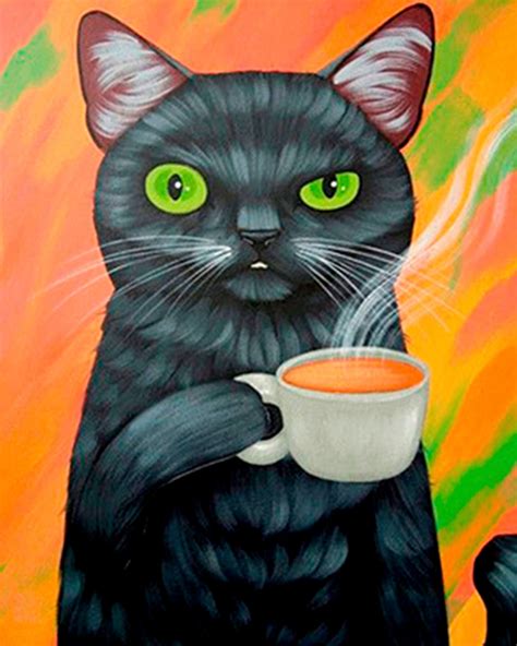Cute Kitten Drinking Coffee Wall Art Cat Canvas Painting Etsy