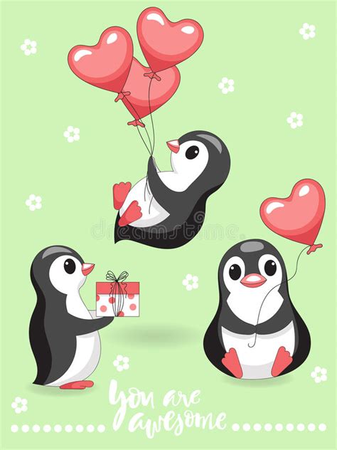 Cute Cartoon Penguin Girl With Balloon Stock Vector Illustration Of