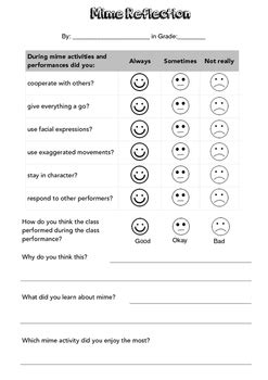 Mime Drama Unit Reflection Self assessment by Gingermore Music | TpT