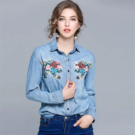 Denim Shirt Female Floral Embroidered Blouse Ta1021 In Blouses And Shirts