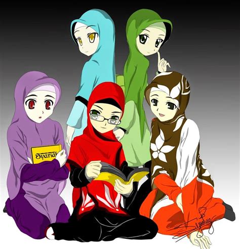 Anime Muslimah Cantik Gambar 5 Sahabat Perempuan Berhijab Kartun Foto