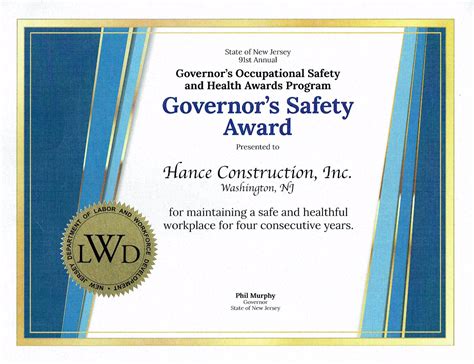 Hance Receives Governors Safety Award For 2018 Hance Construction Inc
