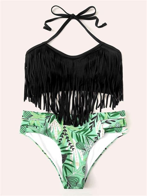 Black Fringe Halter Top With Green Leaf Print Bikini Bottom Leaf