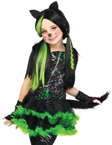 Kids Girls Black Green Punk Kitty Cat Halloween Costume Cat Costume