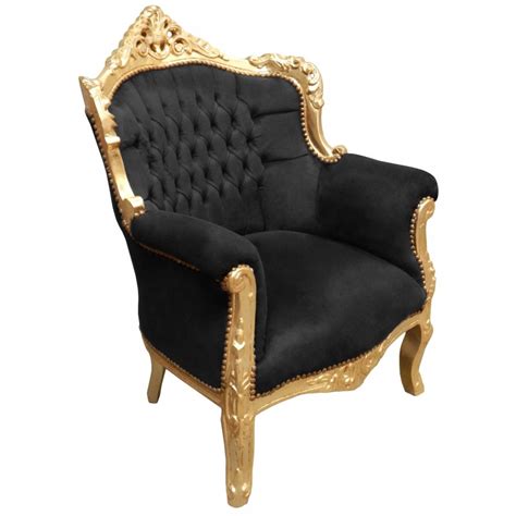 The claudette features a piano black frame played against luxurious black velvet in proportions that provide comfort and statement. Armchair "princely" Baroque style black velvet and gold wood