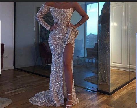 A Line Long Silver Sequin Prom Dress With Splitwedding Etsy