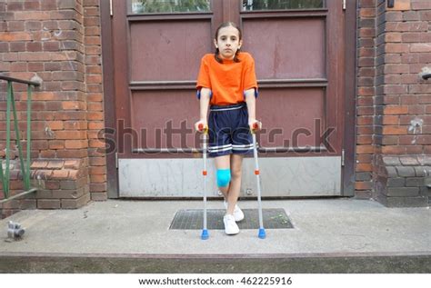 Little Girl Crutches Stair Back School Stock Photo Edit Now 462225916