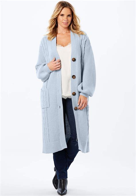 Cable Knit Long Cardigan With Blouson Sleeves Long Cable Knit