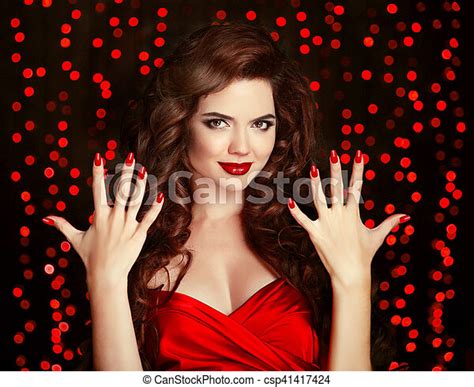 Red Manicured Nails Elegant Brunette Beautiful Smiling Woman With Healthy Curly Hair Style And