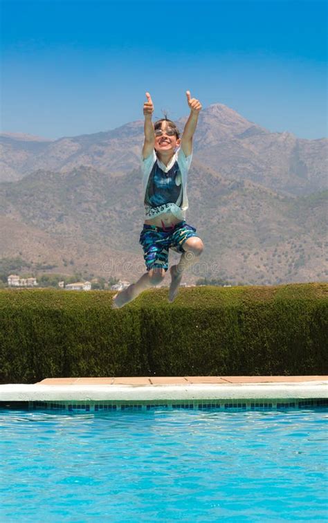 Kid Jumping Into Pool Stock Photo Image Of Outside Mountains 43332962