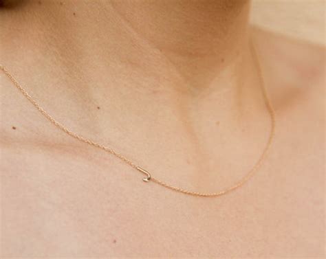 14k Gold Sideways Initial Necklace With Tiny Diamond 14k Etsy