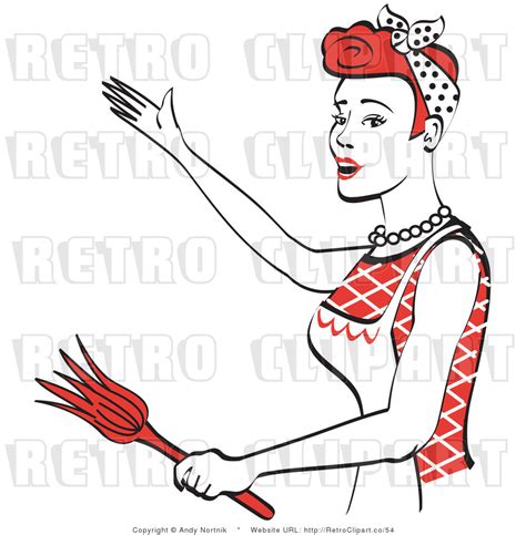 royalty free vector retro clip art of a 1950 s housewife or maid holding a feather duster while