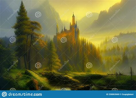 Dreamy Landscape With Ancient Castle Rising Above Misty Forest Amazing