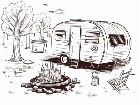 Artoon Travelling Scene With A Vintage Camper A Fire Pit In Hand Drawn