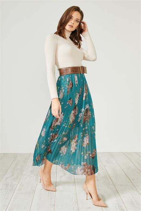 Urban Touch Green Floral Pleated Midi Skirtclass Skirt Fashion Blue