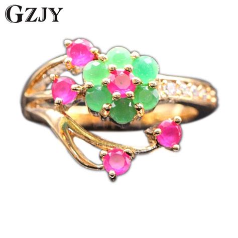GZJY Pretty Unique Design Flowers Green Red Zircon Rose Gold Color Rings For Women Wedding