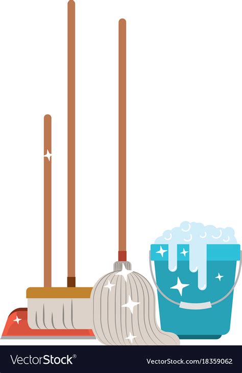 Dustpan And Broom And Mop And Bucket With Water Vector Image