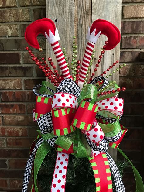 christmas tree bow topper red white stripe lime green red ribbon  assorted picks
