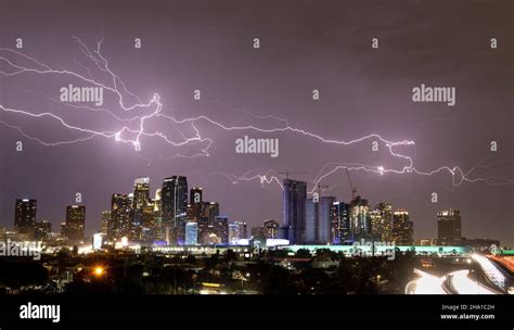 Rare Lightning Storm Over Downtown Los Angeles Stock Photo Alamy