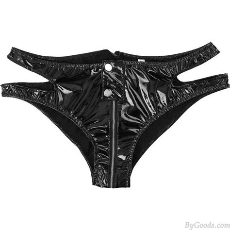 Sexy Black Patent Leather Low Rise Zipper Crotch G String Thong