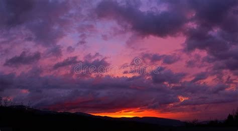 Purple Sunset In The Mountains Dramatic Sky Purple Sunset Stock Image
