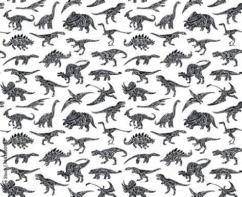 Hand Drawn Grunge Seamless Pattern With Different Dinosaur Silhouettes Black And White Dino