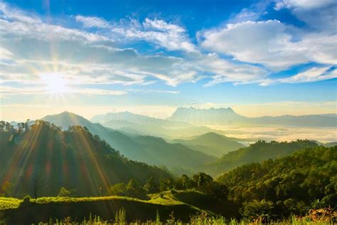 Landscape Of Sunrise On Mountain At Doi Luang Chiang Dao Stock Photo