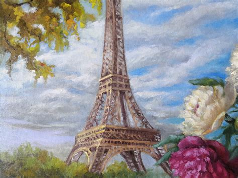 Original Oil Painting Eiffel Tower And Peony Bouquet By Svetlana Belova