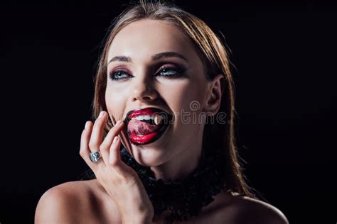 Scary Vampire Girl Showing Fangs In Black Gothic Dress Stock Image Image Of Gothic Fear