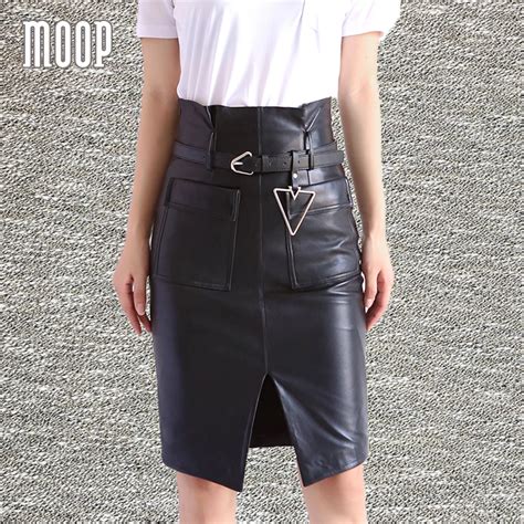American Style Women Black Genuine Leather Sheepskin Lamb Pencil Skirt Front Poskets Split