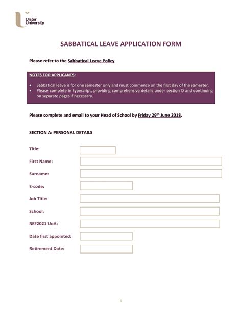 Fillable Online Sabbatical Leave Application Form Ulsteracuk Fax