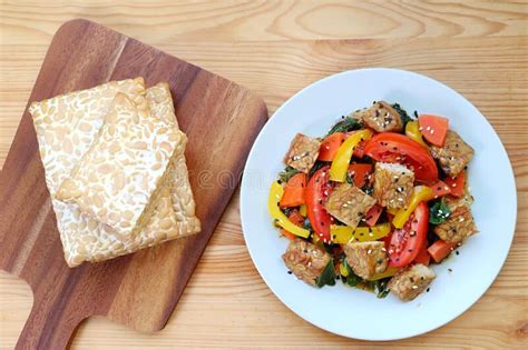 Stack Of Fresh Tempeh And Colorful Vegetables Salad With Roasted Tempeh