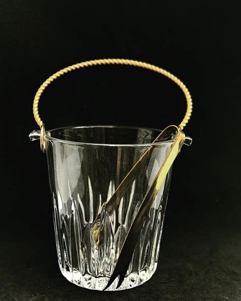 Ice Bucket Vintage Heavy Glass Ice Bucket Golden Handle 50s Carved Bar Accessories Mid