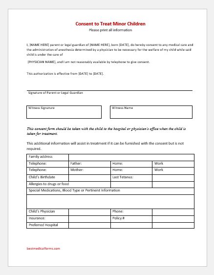Pediatric Consent Form Templates For Word Download Sample