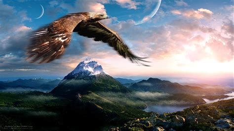Large Bald Eagle Flying In The Clouds Mountains Rocky Mountain Peaks