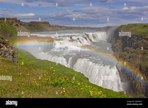 Rainbow Over Gullfoss Waterfall Golden Falls Located In The Canyon Of