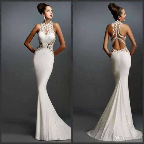 white mermaid prom dresses halter sleeveless applique elegant evening gowns hole back formal