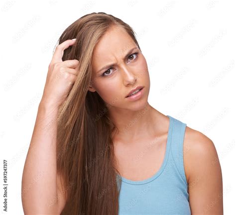 Confused Doubt And Portrait Of Woman With Question Scratching Head For Problem Decision Or