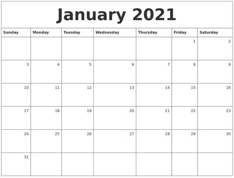 January 2021 Monthly Calendar