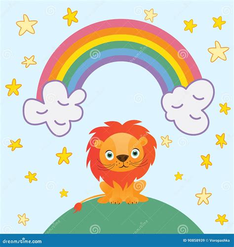 Cute Lion Cartoon On Rainbow Background And Stars Vector Illustration