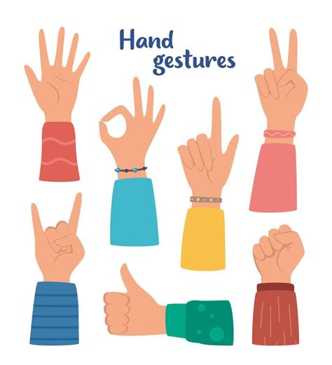Hand Gesture Set Human Hands Showing Thumbs Up Pointing And Greeting